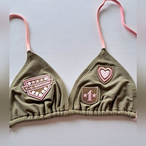 Olive Green Triangle Bikini Top with Patches - Picture 4 of 8